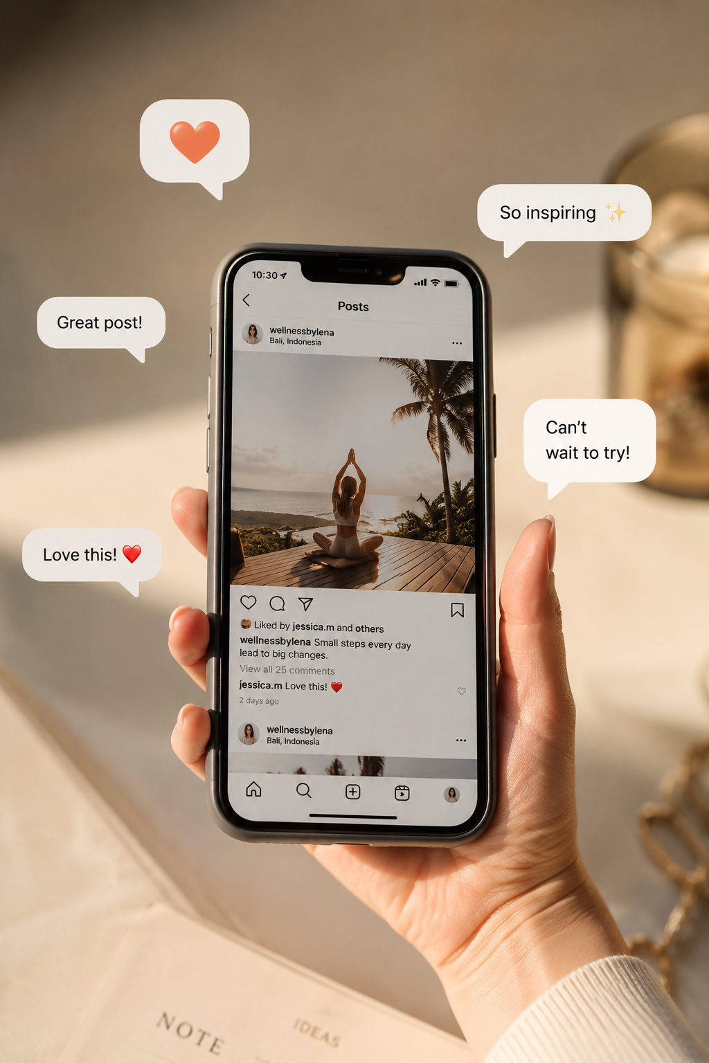 Hand holding a phone with floating social message icons around it.